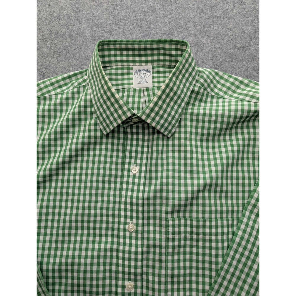 Brooks Brothers Men's Shirt 17-4/5 Green Check Button Up Long Sleeve Slim Fit...